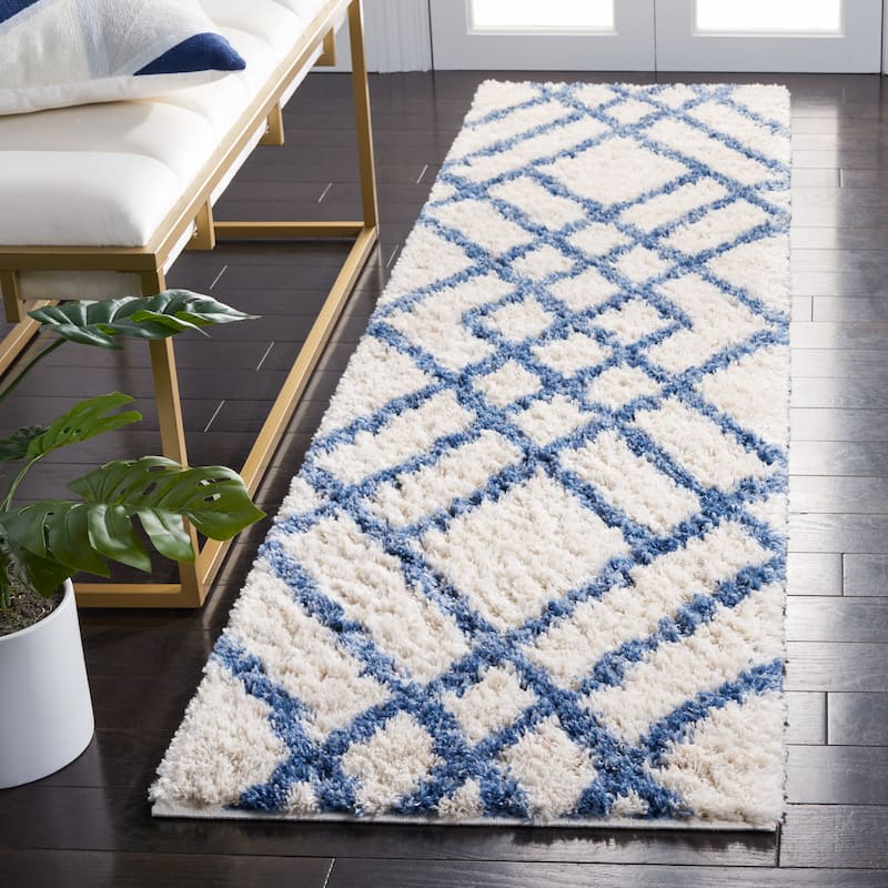 SAFAVIEH Berber Shag Janni Moroccan 1.2-inch Thick Rug - 2' x 8' Runner - Ivory/Blue