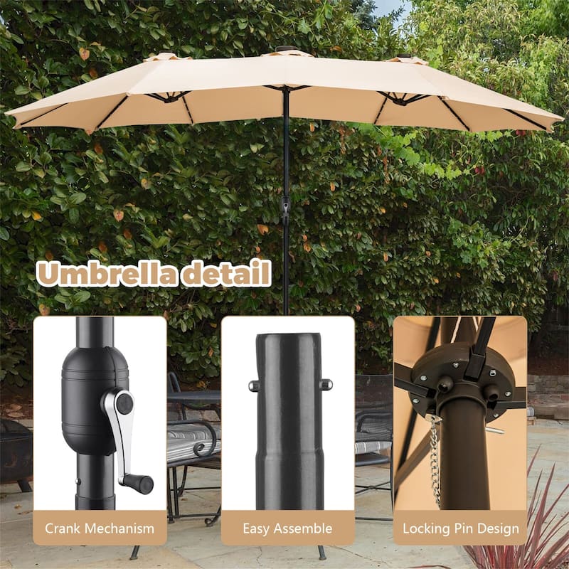 Ainfox 15ft Double-Sided Patio Umbrella with Base Large Outdoor Umbrella with LED Solar Lights