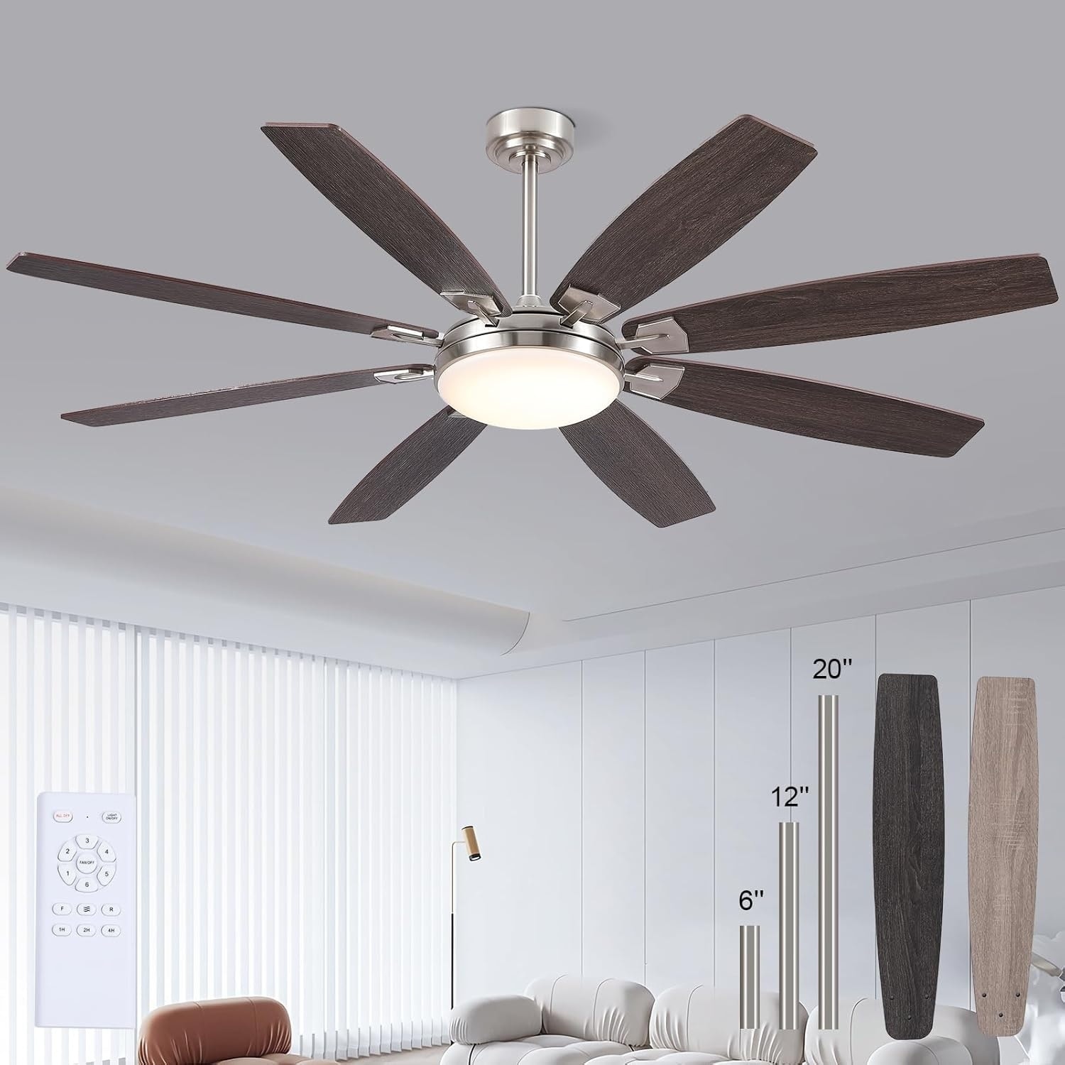 52/66/72 Inch Downrod Ceiling Fan with Light,Plywood Blades,Reversible DC Motor