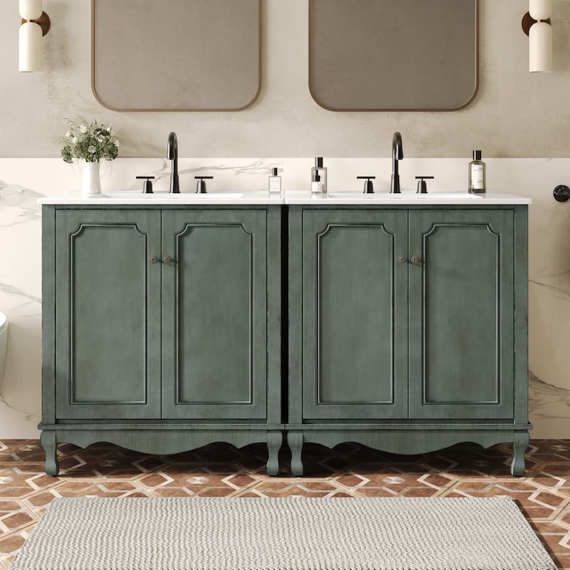 30-Inch Vintage Bathroom Vanity, Rectangle Ceramic Sink, 2 Doors, Solid Wood Legs and Adjustable Shelves - Antique Blue Green - 60"