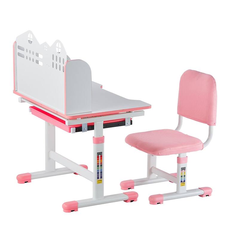 Pink Height Adjustable Kids Study Chair and Desk with Bookshelf and Drawer - 27.56 x 19.69 x (20.87 - 27.95) in