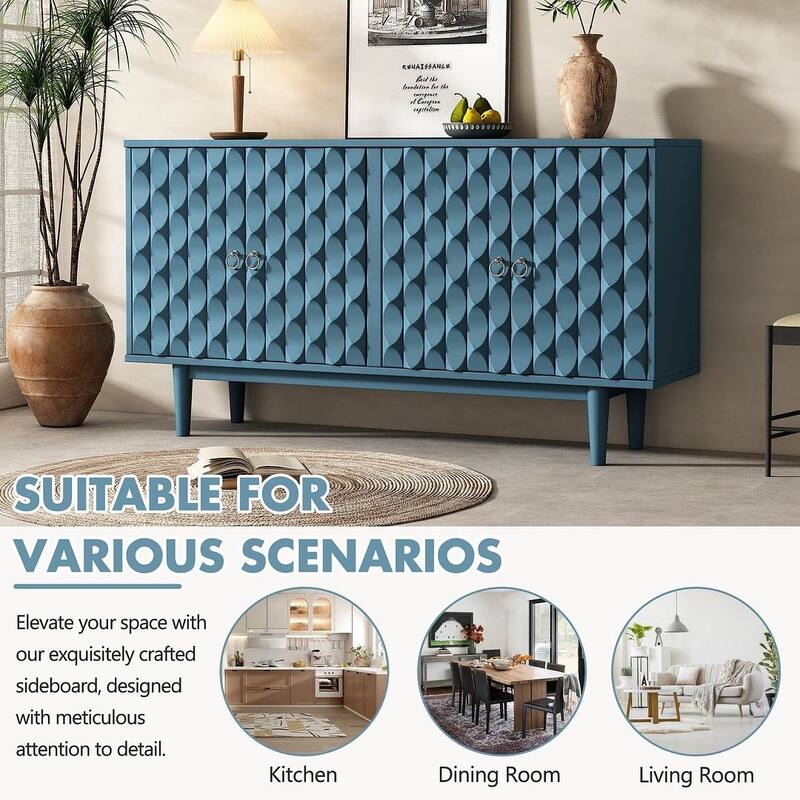 60" Modern 4-Door with Convex Pattern Doors and Silver Handles Buffet/Sideboard