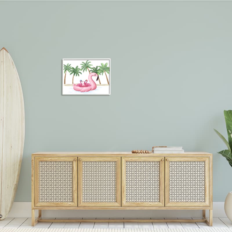 Stupell Pink Flamingo Tropical Beach Float Party Palm Trees Framed Wall Art