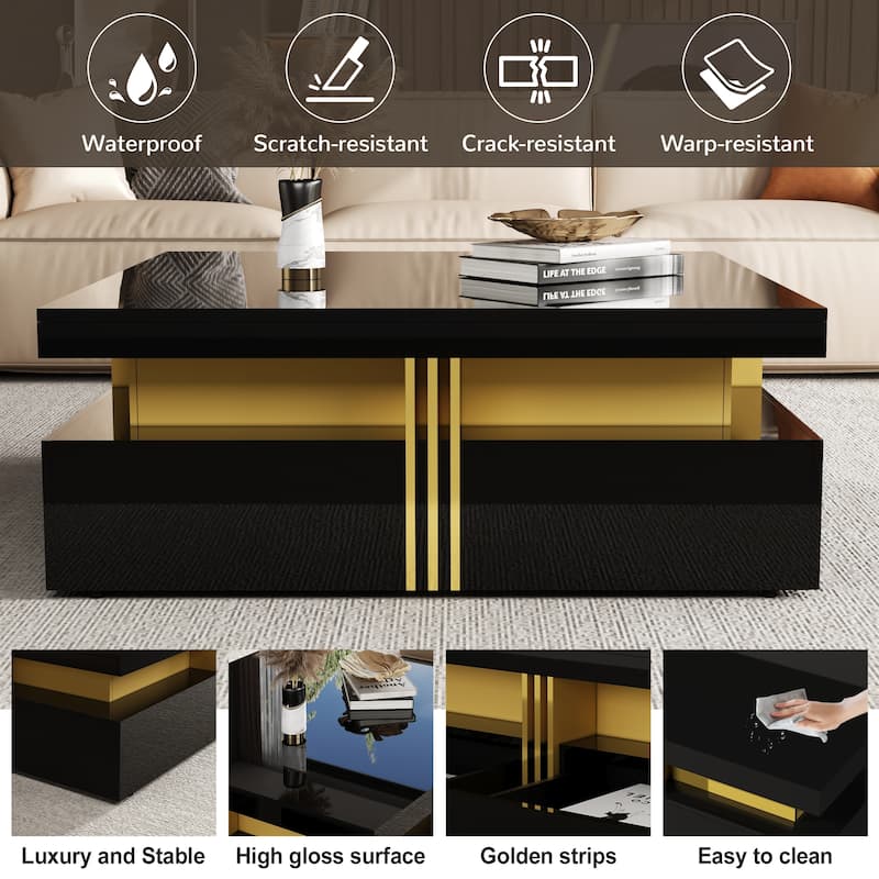 43.3" Modern Glossy Square Storage Coffee Table with 4 Drawers
