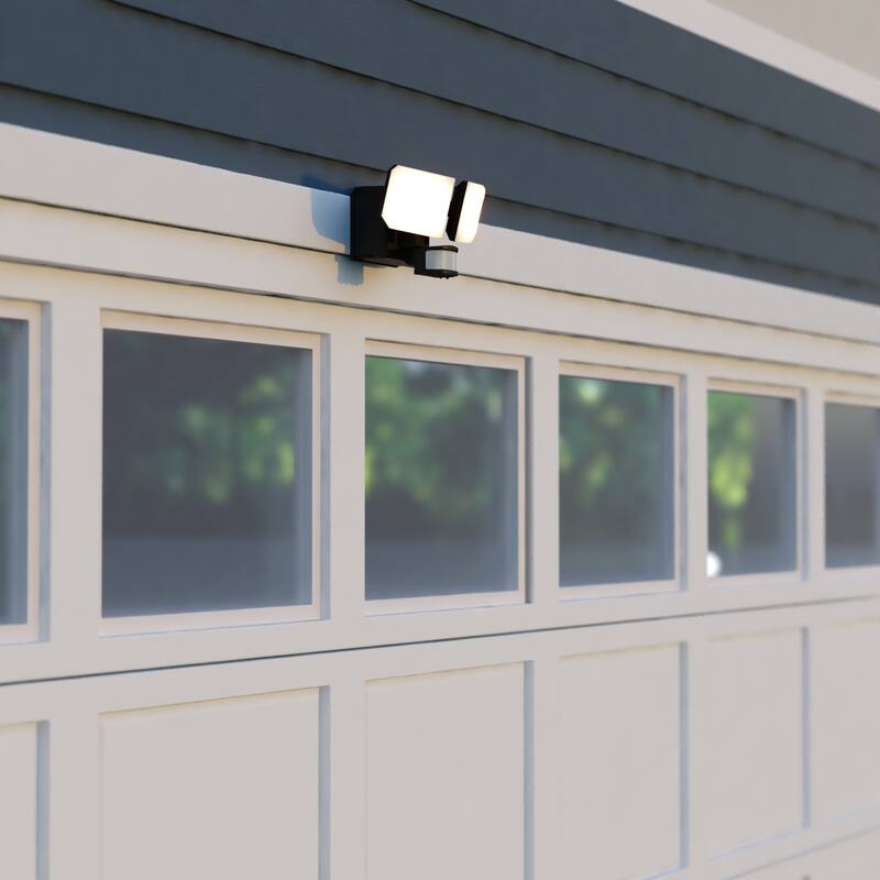 VAXCEL 2-Head Black Motion Sensor Dusk to Dawn Outdoor Security Flood Light with GFCI Outlet , Adjustable LED Heads