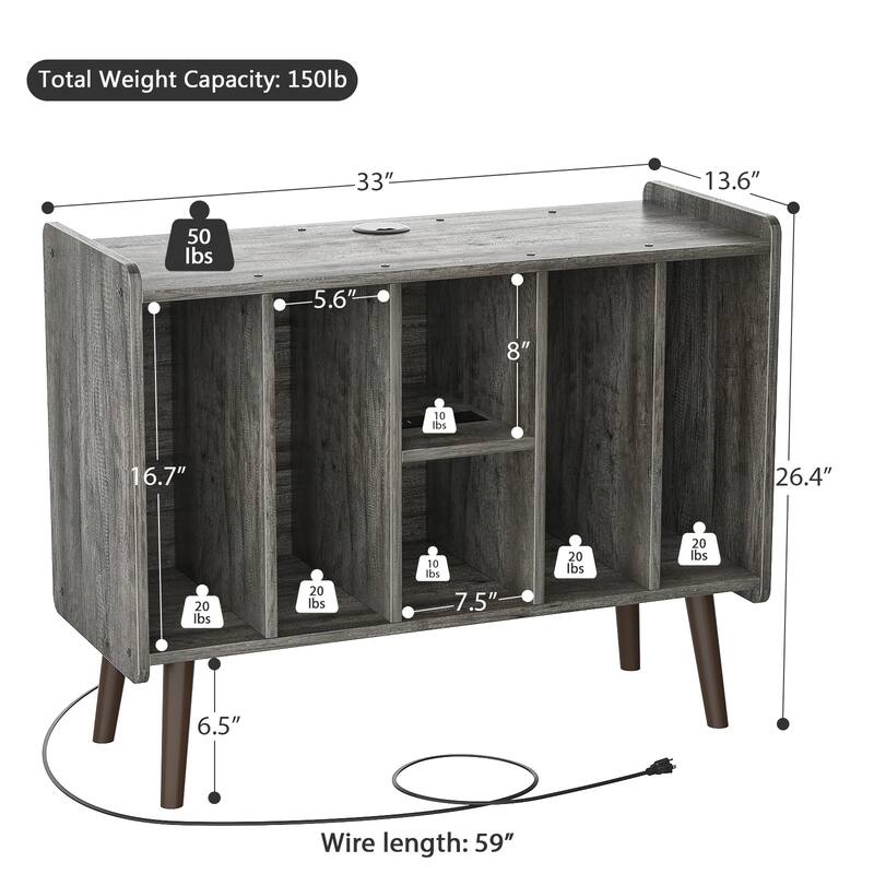 Retro Vinyl Stand with Charging Hub, Record Player Stand with Power Outlet and USB Ports