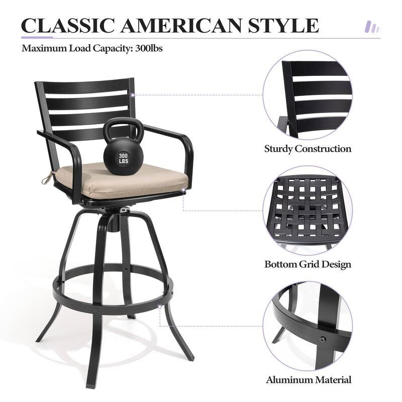 Outdoor Aluminum Swivel Bar Stools Sunbrella Textilene Sling Patio Barstools