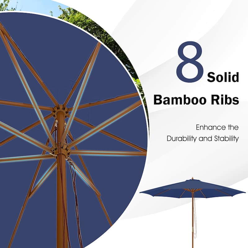 Gymax 10FT Wooden Market Table Umbrella Pulley Sunshade Canopy w/8