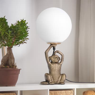 River of Goods Gold Metal and Glass Globe Shade 17-Inch Monkey Table Lamp - 8" x 8" x 17"