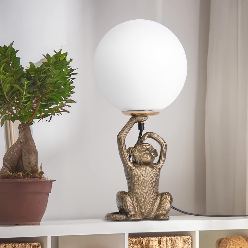 River of Goods Gold Metal and Glass Globe Shade 17-Inch Monkey Table Lamp - 8" x 8" x 17"