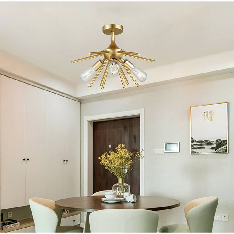 Tyra Gold 3-Light Mid Century Modern Sputnik Semi-Flush Mount