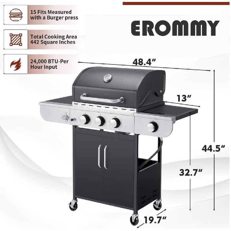 EROMMY Outdoor 3+1 Burner BBQ Propane Gas Grill - 24000 BTUs Stainless Steel Patio Barbecue Grill with Stove and Side Table