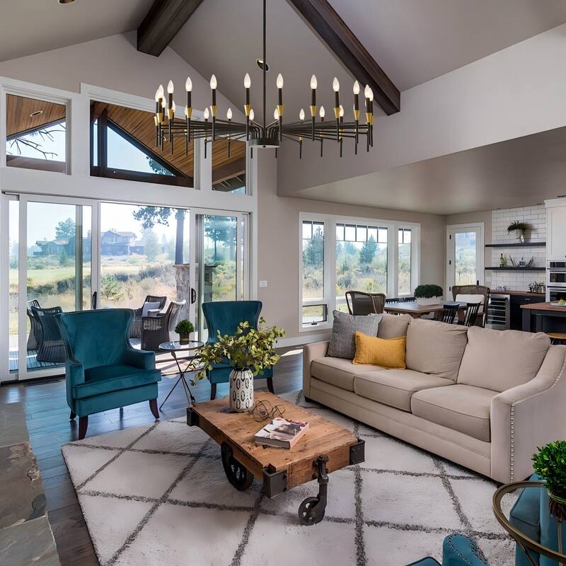 Black & Gold Modern Farmhouse Chandelier Rustic Ceiling Light Dimmable E12 Candle-Style Pendant Lighting Fixture