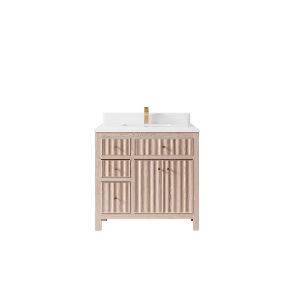 Willow Collections 36 x 22 Sonoma Oak Wood Center Sink Right Bathroom Vanity with Quartz or Marble Countertop