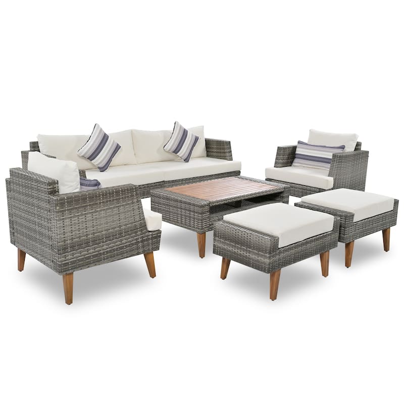 Roomfitters 6-Piece Outdoor Patio Furniture Set with Wicker Sofa, Armchairs, Ottomans and Coffee Table, Wood Legs, Gray+Beige