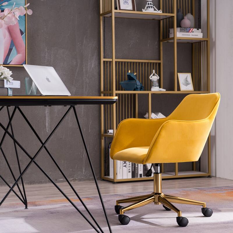 Modern Upholstered Home Office Chair with Adjustable Height & Gold Metal Legs, 360° Swivel
