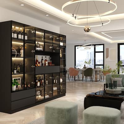 Modular Elegant Display Cabinet with Glass Doors Light Booshelf Closet