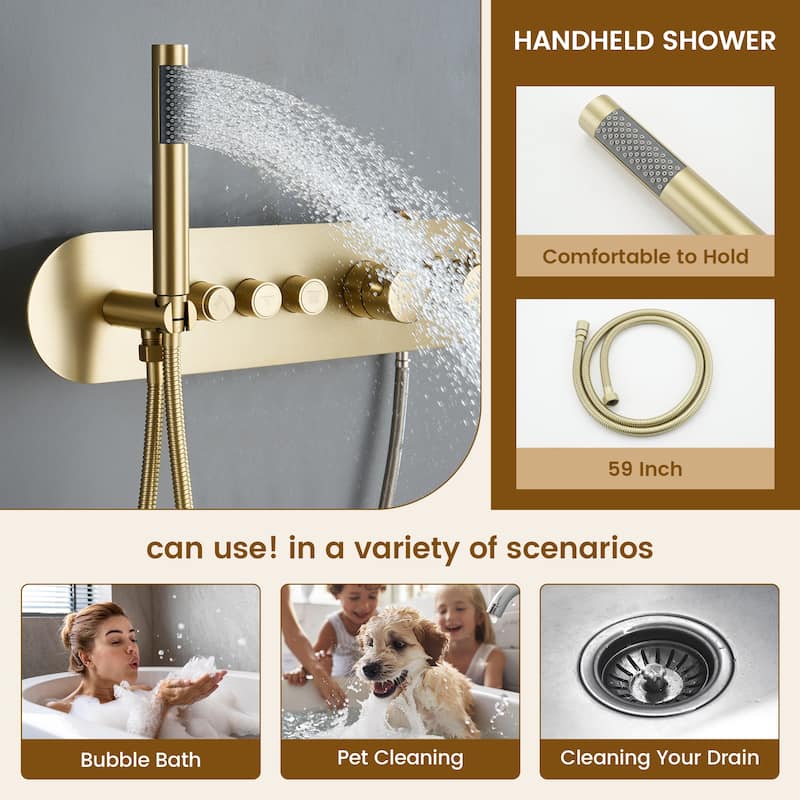 Double Handles 3-Spray Patterns 16 in. Wall Mount Thermostatic Shower Faucet 2.5 GPM with Handheld Shower