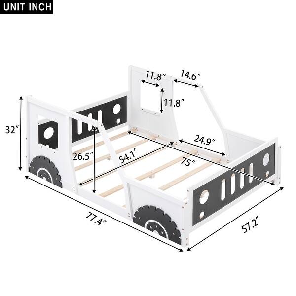 dimension image slide 3 of 4, Twin Size Classic Car-Shaped Platform Bed with Wheels and Full-Length Guardrail