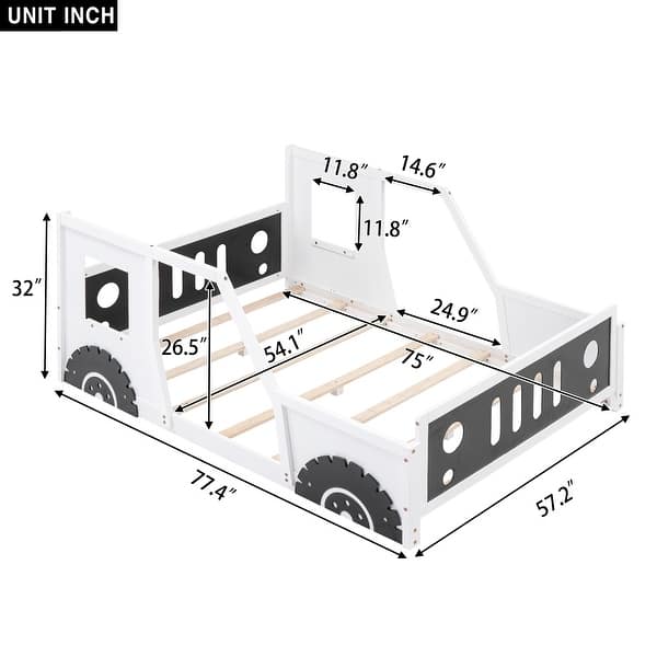 White Twin Size Pine Wood Car-Shaped Platform Bed with Doors, Windows, and Decorative Wheels
