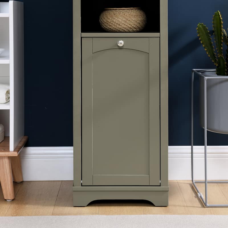 Roomfitters Tall Bathroom Storage Cabinet, Narrow Floor Organizer with Laundry Hamper, Small Space Linen Tower, Grey