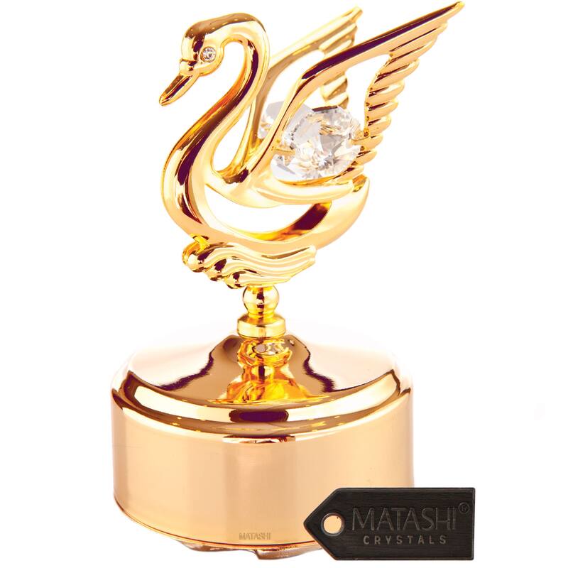 Matashi 24K Gold Plated Music Box with Crystal Studded Swan Figurine, Swan Lake
