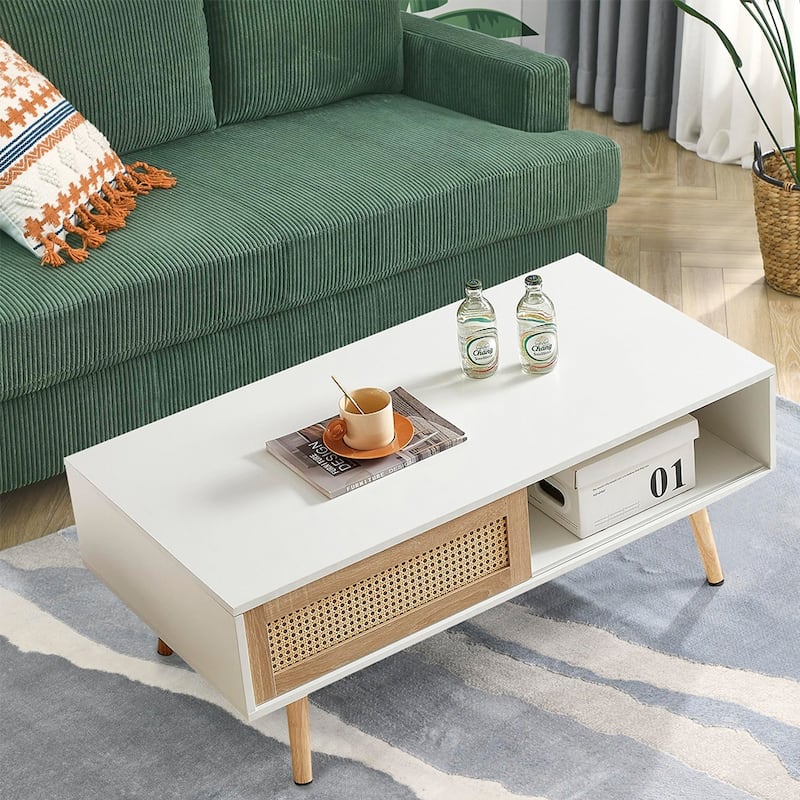 Rattan Coffee Table,Accent Table,Sliding Woven Door&Solid Wood Legs - 41.34"L x 21.65"W x 16.34H