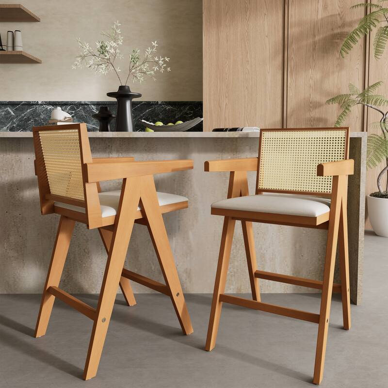 Bar Height Armchairs Rattan Woven Backrest Bar Stools Set of 2 with Padded Fabric Seat and Durable Rubberwood Frame