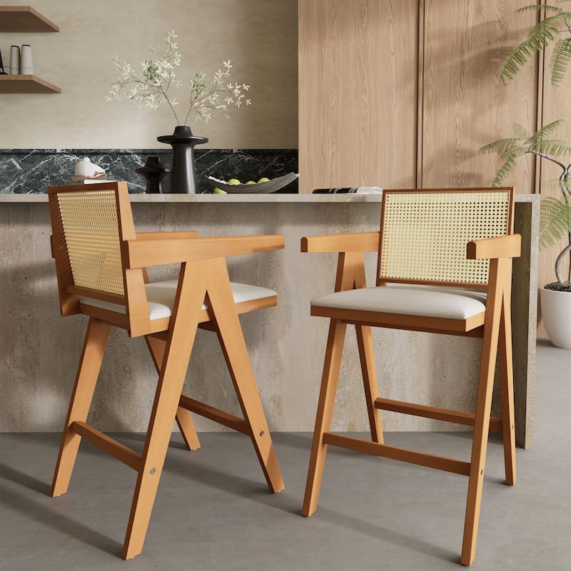 Mid-Century Modern Cane Plastic Backrest Bar Stool, Fabric Upholstered Dining Chair with Rubberwood Frame, Set of 2