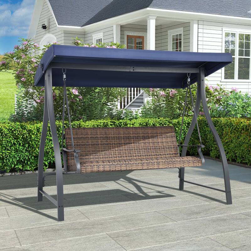 Aoodor 3-Seat Outdoor Rattan Patio Swing with Adjustable Canopy - Stylish Comfort for Your Porch, Garden, and Yard