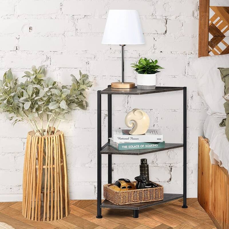 2 Pack 3-Tier Corner Shelf Storage Rack Organizer Display Stand for Living Room - Grey