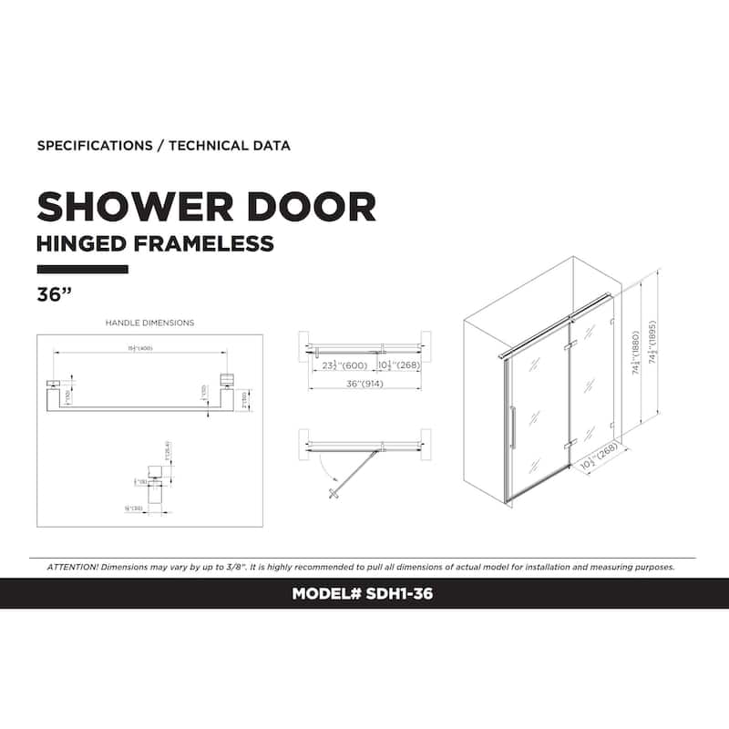 Fine Fixtures Hinged Clear Frameless Glass Shower Door Enclosure