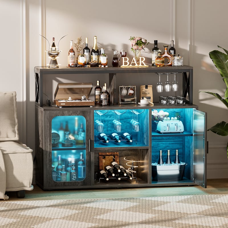 Buffet Sideboard Cabinet Wood Coffee Bar Cabinet with Charging Station and LED lights