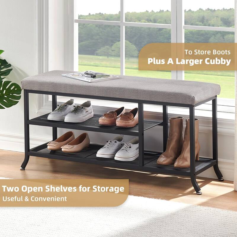 Ail Mid-century Modern Shoe Rack Bench with Padded Seat