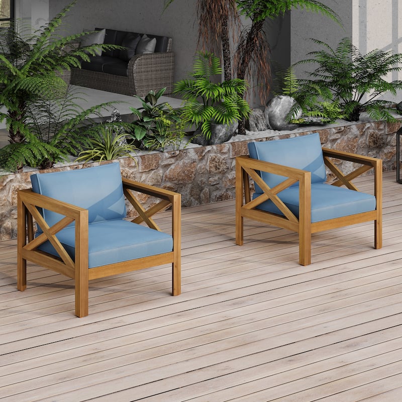 Acacia Wood Outdoor Club Armchairs Set of 2 with Cushions Teak Finish