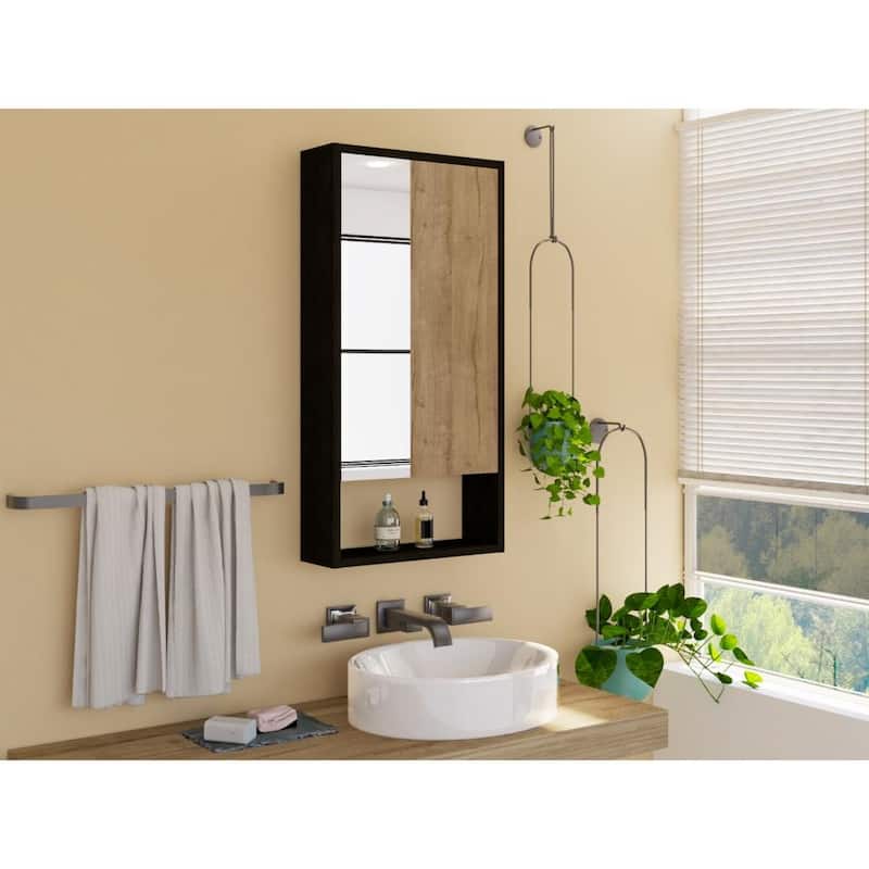 35" Tall Medicine Cabinet with One External Shelf, Two Interior Shelves, Single Door Design, Large Mirror - 17.9X5.6 in - Black + Particle Board