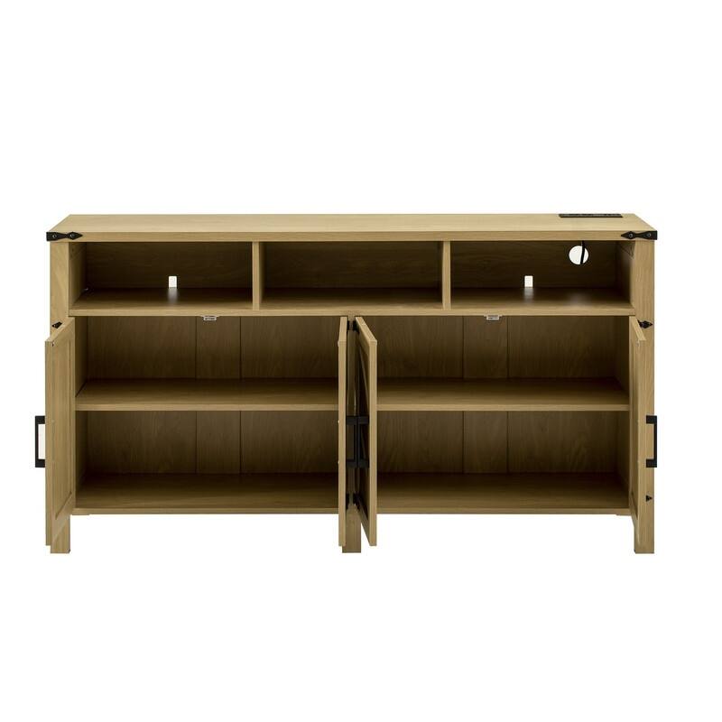 Modern 4-Door Sideboard Buffet with Power Outlets Adjustable Shelves and Half-Open Storage Design