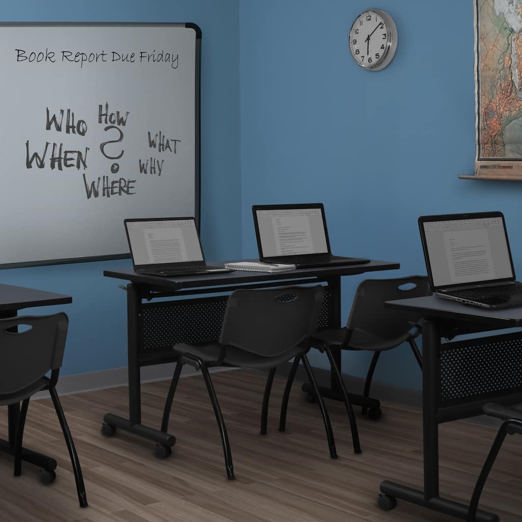 48" x 24" Flip Top Mobile Training Table with Modesty Panel- Grey and 2 "M" Stack Chairs- Black