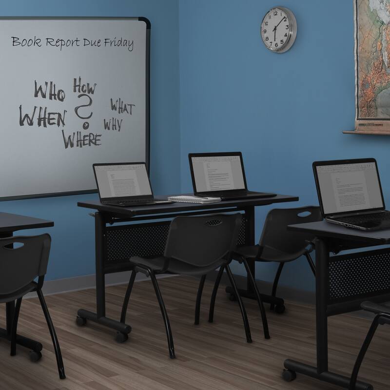 48" x 30" Flip Top Mobile Training Table with Modesty Panel- Grey and 2 "M" Stack Chairs- Black