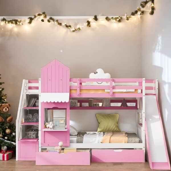 slide 2 of 12, Twin-Over-Twin Castle Style Bunk Bed with 2 Drawers 3 Shelves and Slide Pink