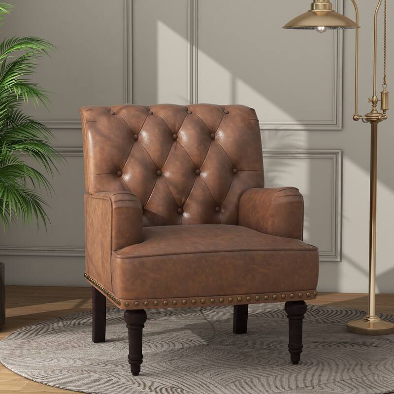Tufted Vegan Leather Accent Chairs Armchairs with Nailhead Trim - Brown