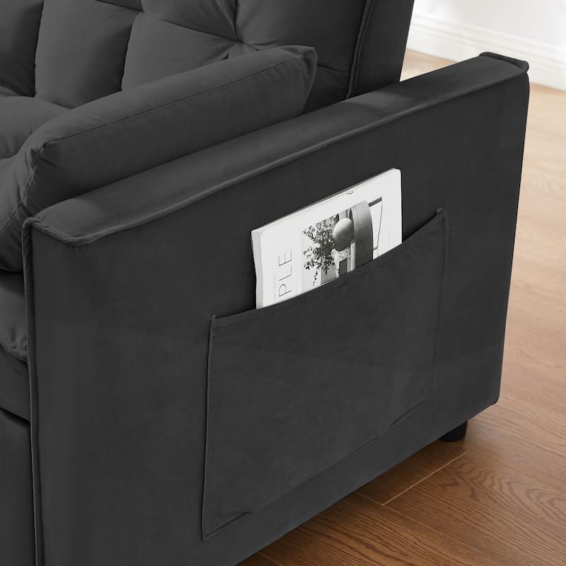 3 in 1 Convertible Sleeper Sofa Bed, Velvet Futon Sofa Bed, Small Loveseat Sofa with Reclining Back, Pillows & Pockets