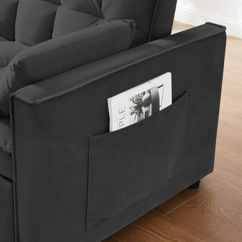 Anmytek 3-in-1 Velvet Sleeper Sofa with Adjustable Backrest and Side Pockets Black Convertible Loveseat