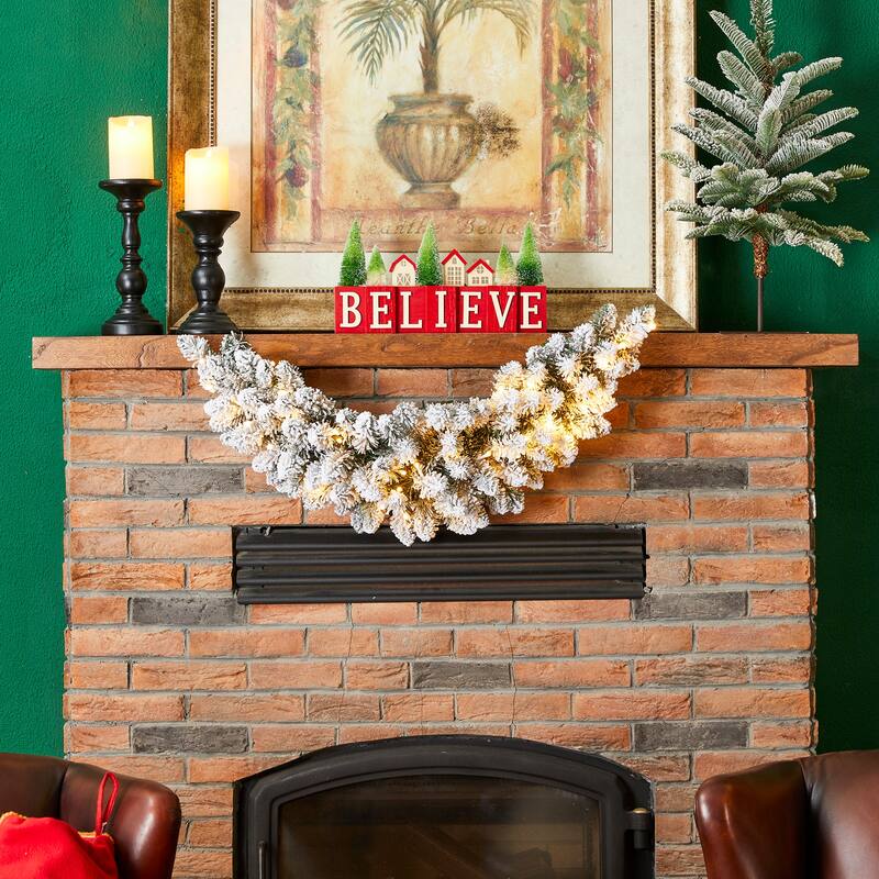 Glitzhome 3ft Pre-Lit Snow Flocked Flower Christmas Swag
