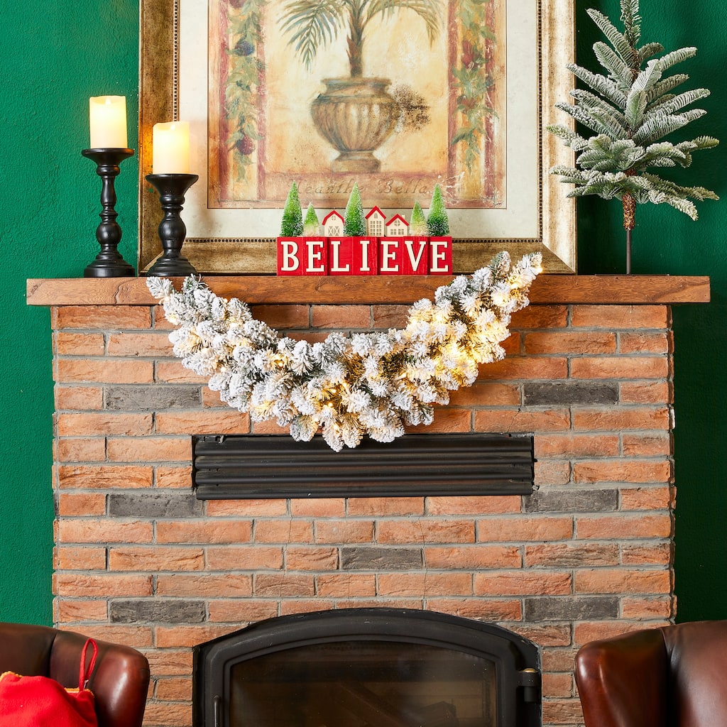 Glitzhome 3ft Pre-Lit Snow Flocked Flower Christmas Swag