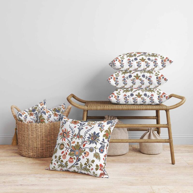 Jewel Toned Florals Faux Suede Reversible Throw Pillow White and Blue