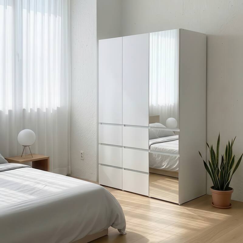Elise Modular Wood Closet System with Mirror in White - 47.1"D x 17.72"W x 70.9"H