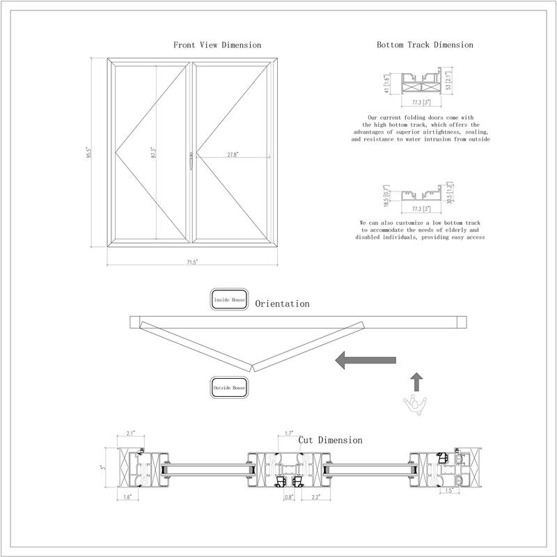 KaMic Elite-Fold 72" x 96" 2-Panel Aluminum Folding Door in White with Hidden Hinges & Rollers, Folded Out From Right To Left