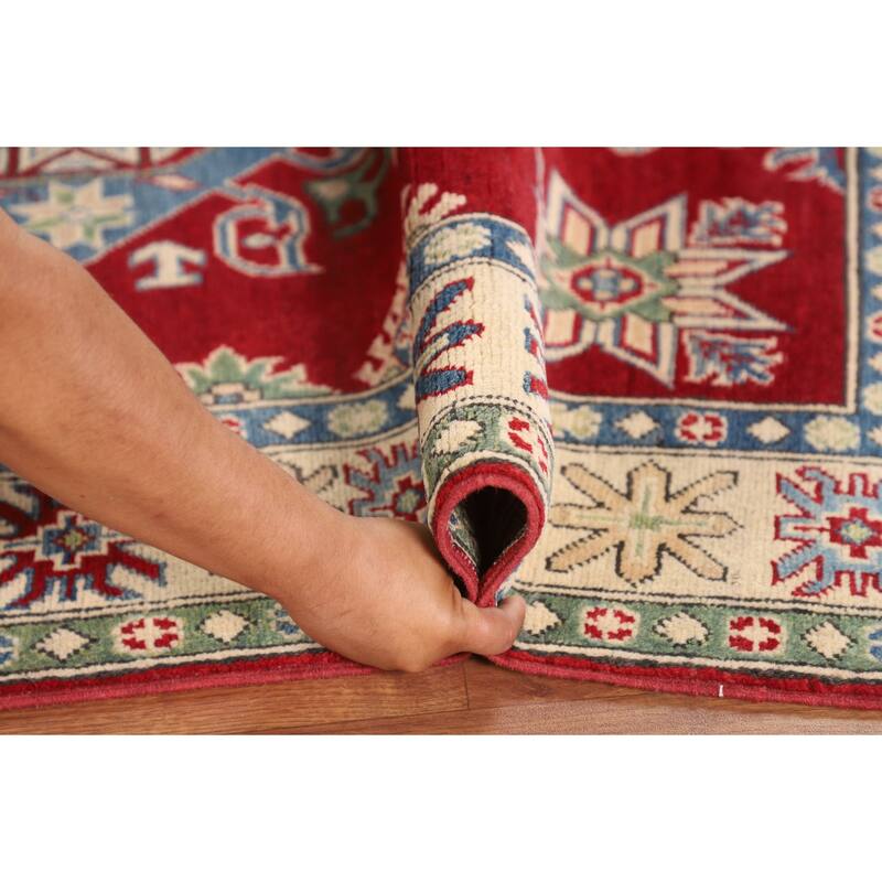 Kazak Oriental Area Rug Handmade Geometric Red Wool Carpet - 3'10" x 6'0"