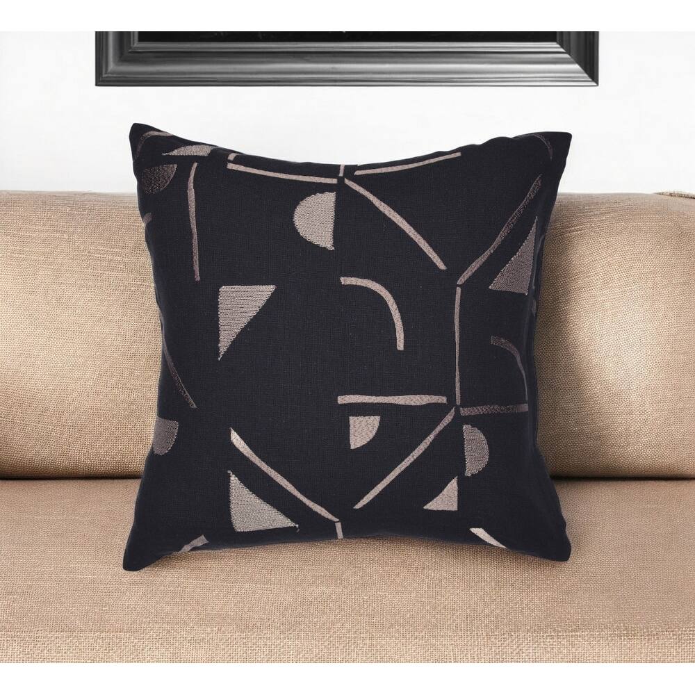 HomeRoots 20" Beige and Black Geometric Cotton Blend Throw Pillow With Embroidery